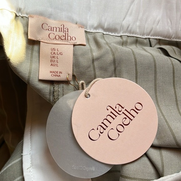 Camila Coelho Women's Olive Green Pinstripe Wide Leg Pleated Pants sz L Career - Picture 11 of 14